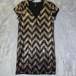 H&M Chevron Party Black & Gold Sequins Cocktail Mini Dress Small V Neck Lined